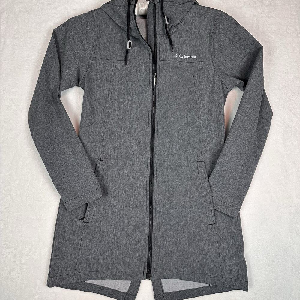 Columbia Women’s Small Gray Hooded Softshell Jacket Long Full Zip Stretch Coat